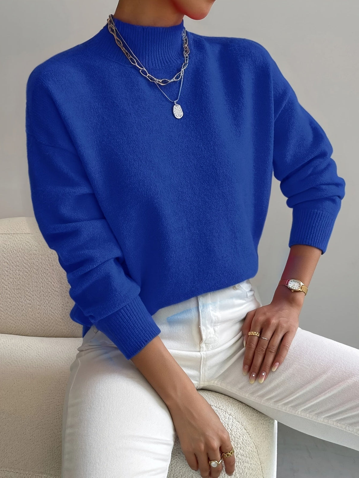 Women's Mock Neck Knit Sweater in Royal Blue