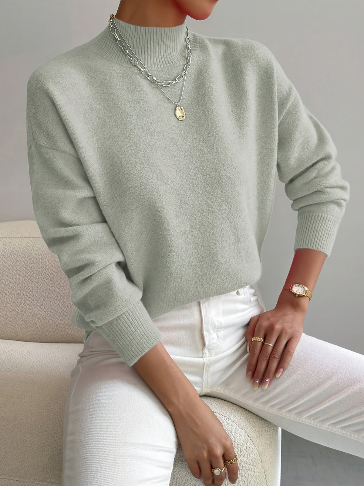 Women's Mock Neck Knit Sweater in Sage Green