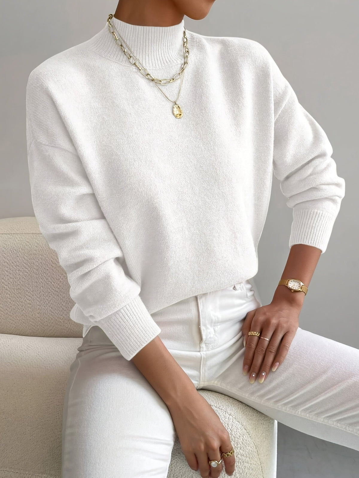 Women's Mock Neck Knit Sweater in White