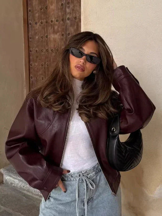 Women's Oversized Faux Leather Jacket in Wine Red