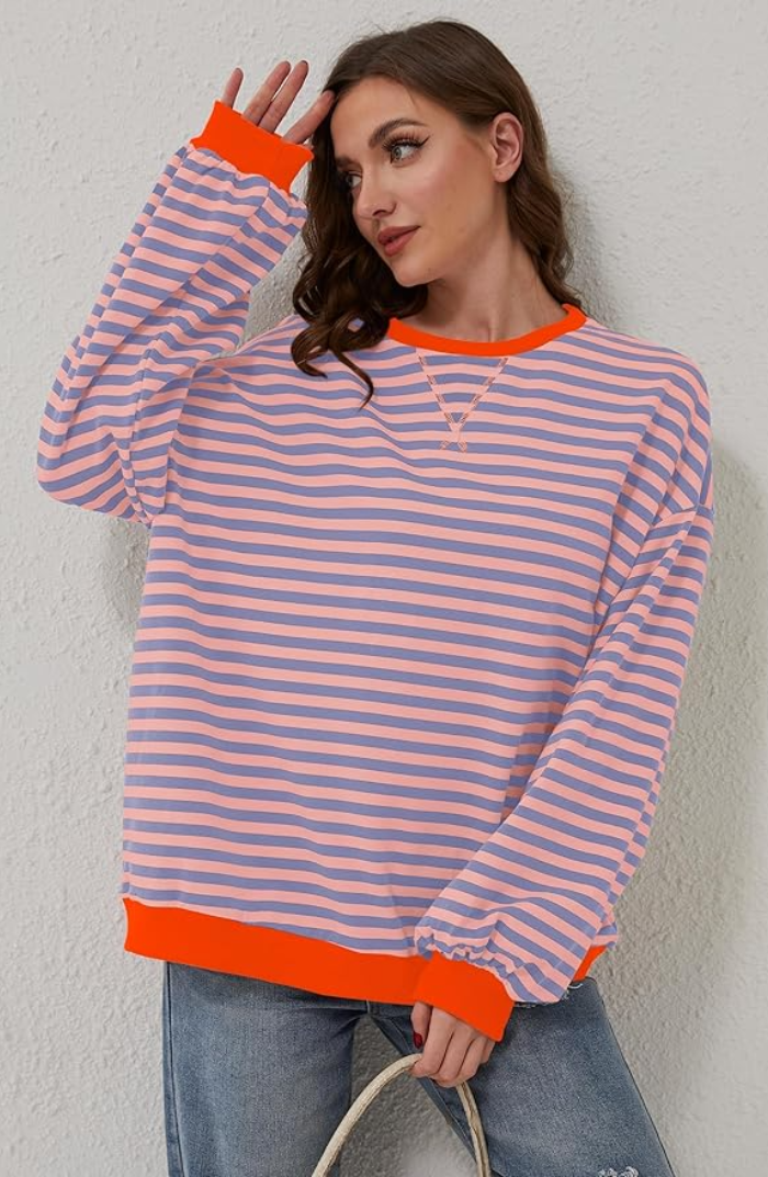 Women's Oversized Striped Sweatshirt in Lilac & Orange