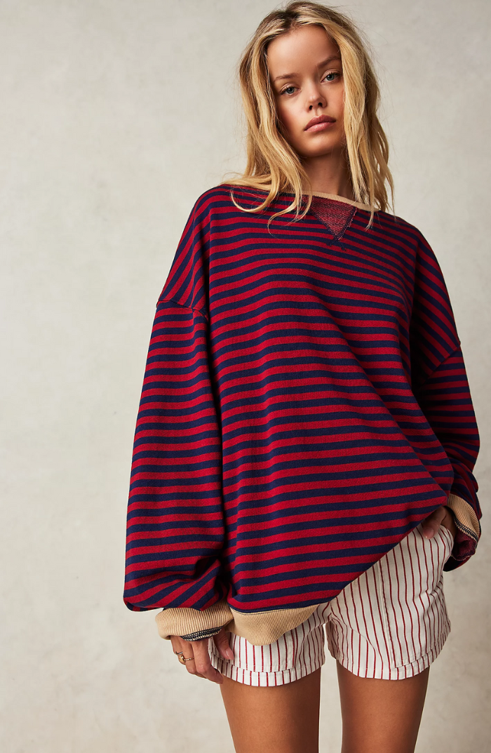 Women's Oversized Striped Sweatshirt in Navy & Red