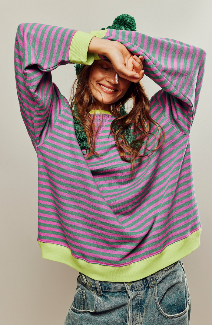 Women's Oversized Striped Sweatshirt in Pink & Green