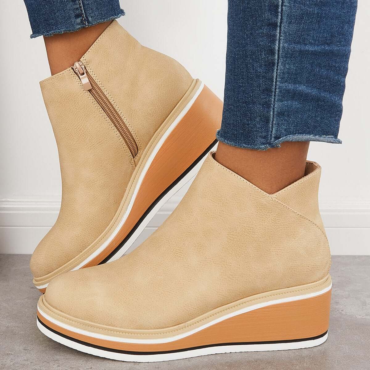 Women's Platform Wedge Ankle Boots in Beige