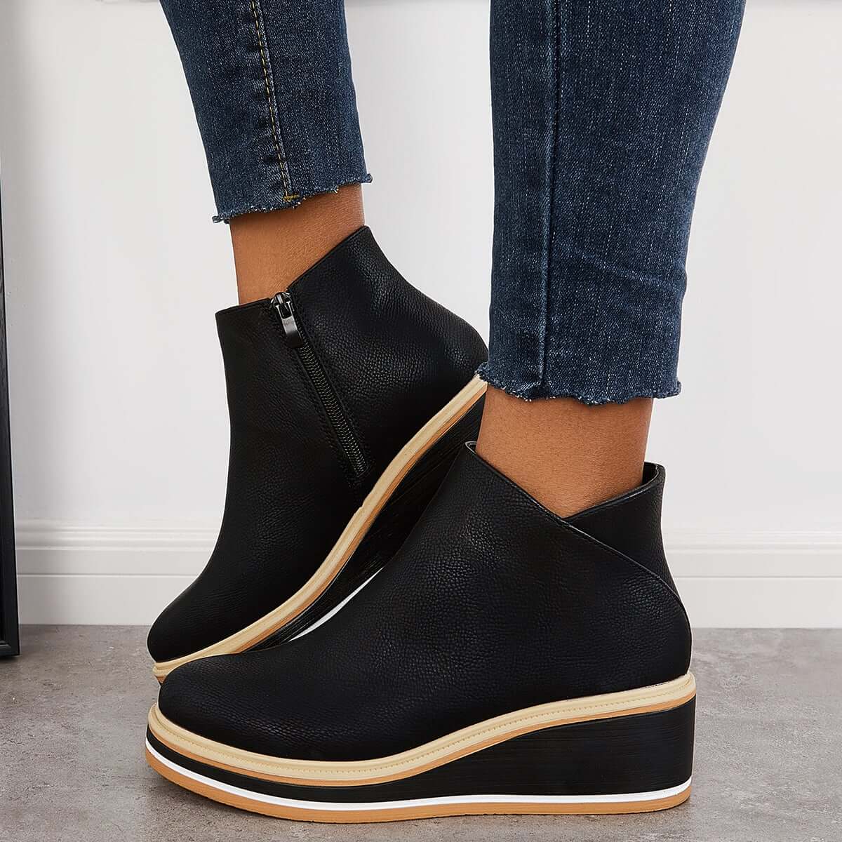 Women's Platform Wedge Ankle Boots in Black