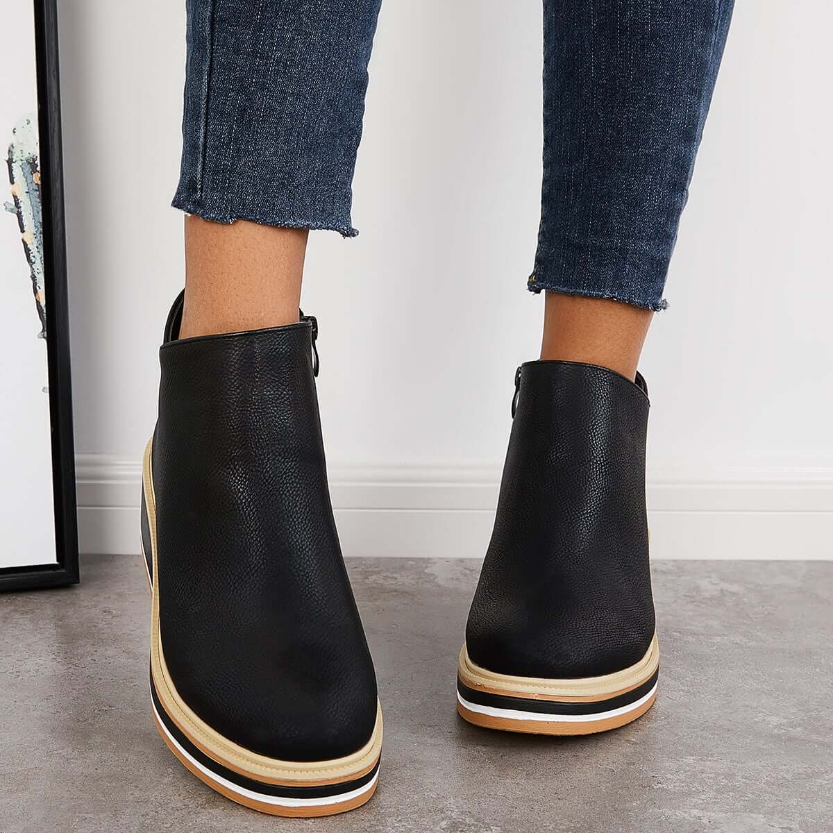 Women's Platform Wedge Ankle Boots in Black