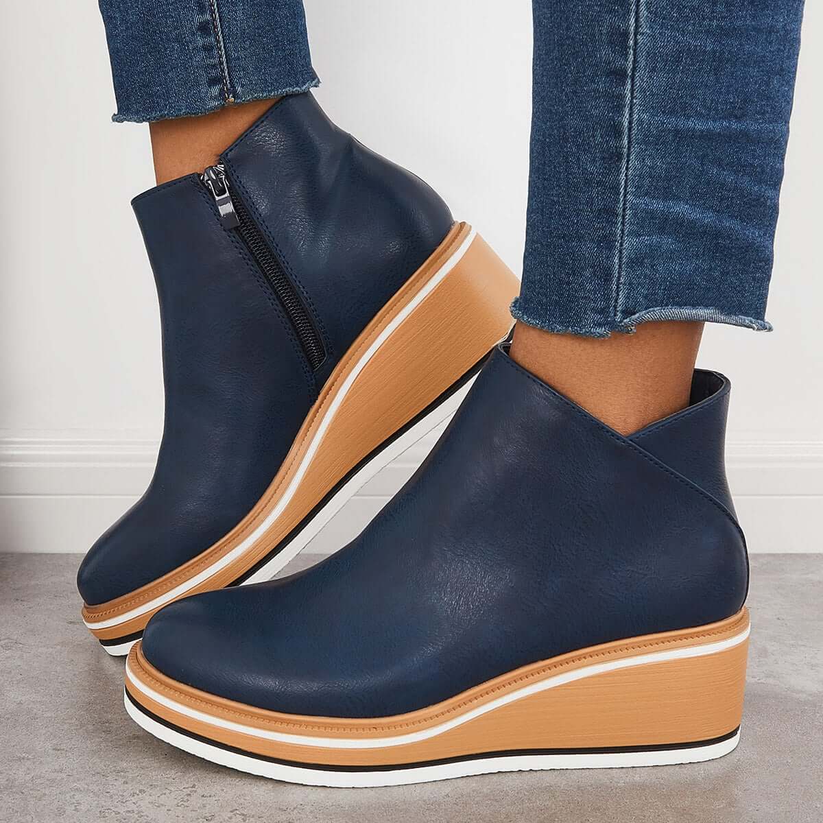 Women's Platform Wedge Ankle Boots in Navy