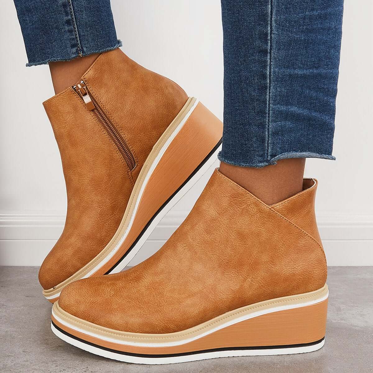 Women's Platform Wedge Ankle Boots in Tan