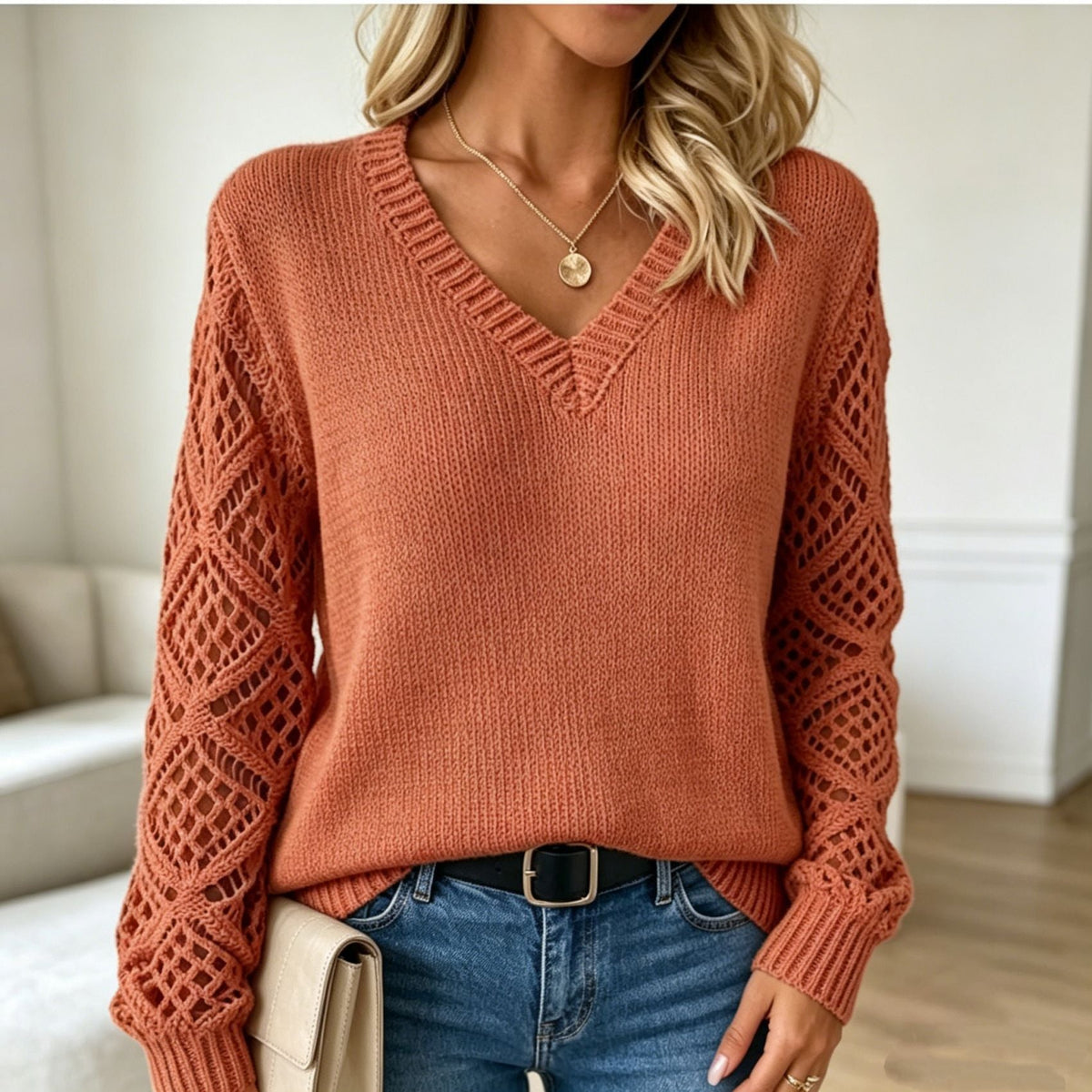 Women's Pointelle Sleeve Sweater in Rust