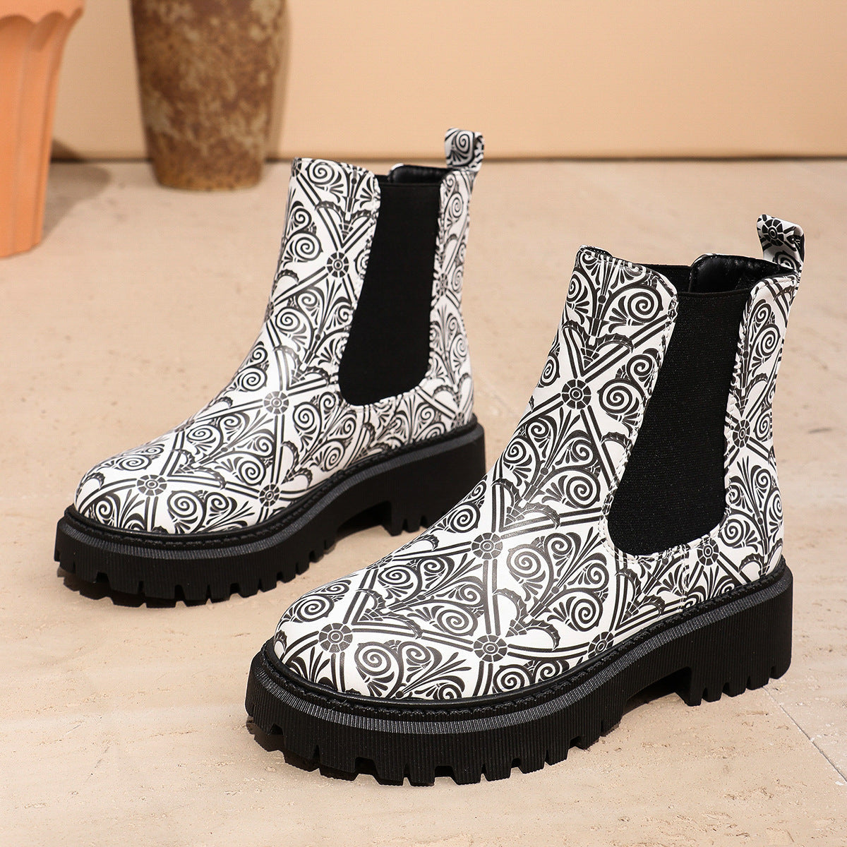 Women's Printed Chunky Chelsea Boots in Black & White Floral Print