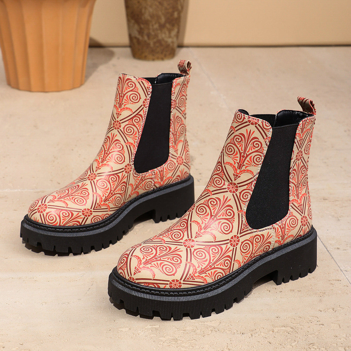 Women's Printed Chunky Chelsea Boots in Coral & Cream Floral Print