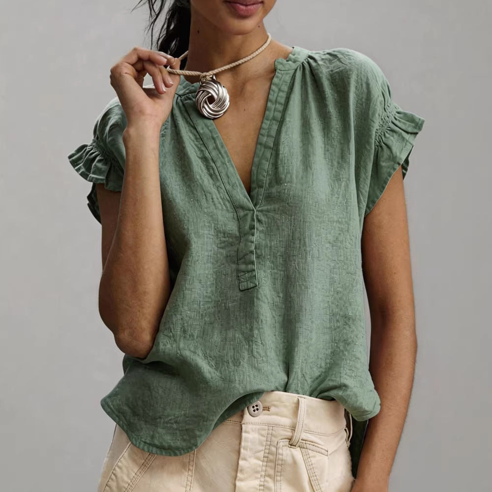 Women's Ruffle Sleeve V Neck Blouse in Sage Green