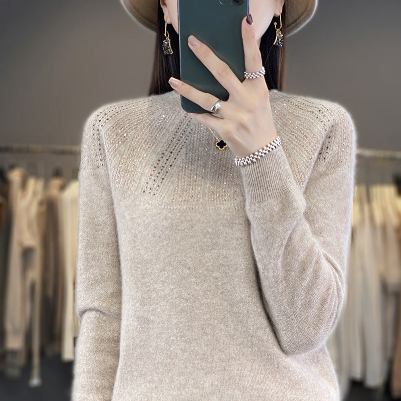 Women's Sequin Trim Knit Sweater in Oat Beige