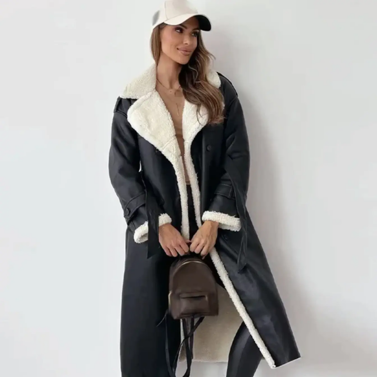 Women's Shearling Lined Trench Coat in Black