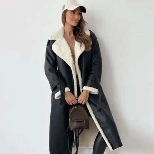 Women's Shearling Lined Trench Coat in Black