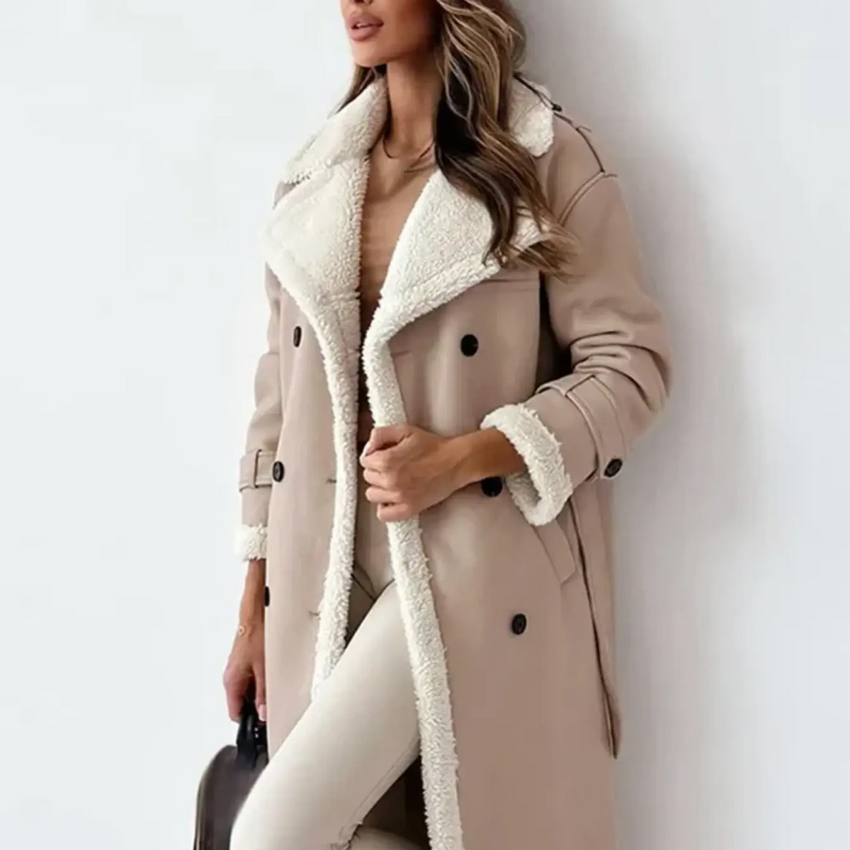 Women's Shearling Lined Trench Coat in Khaki