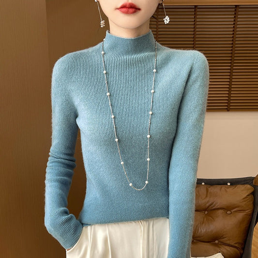 Women's Slim Roll Neck Sweater in Sky Blue