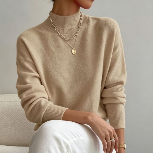 Women's Stand Collar Knit Sweater in Beige