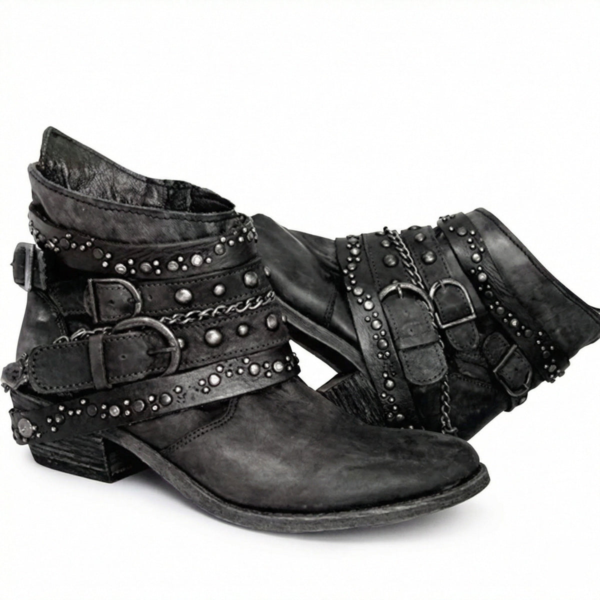 Women's Studded Buckle Ankle Boots in Black