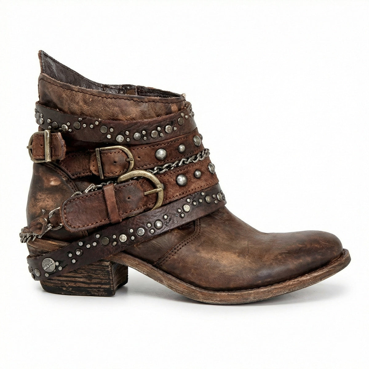 Women's Studded Buckle Ankle Boots in Brown
