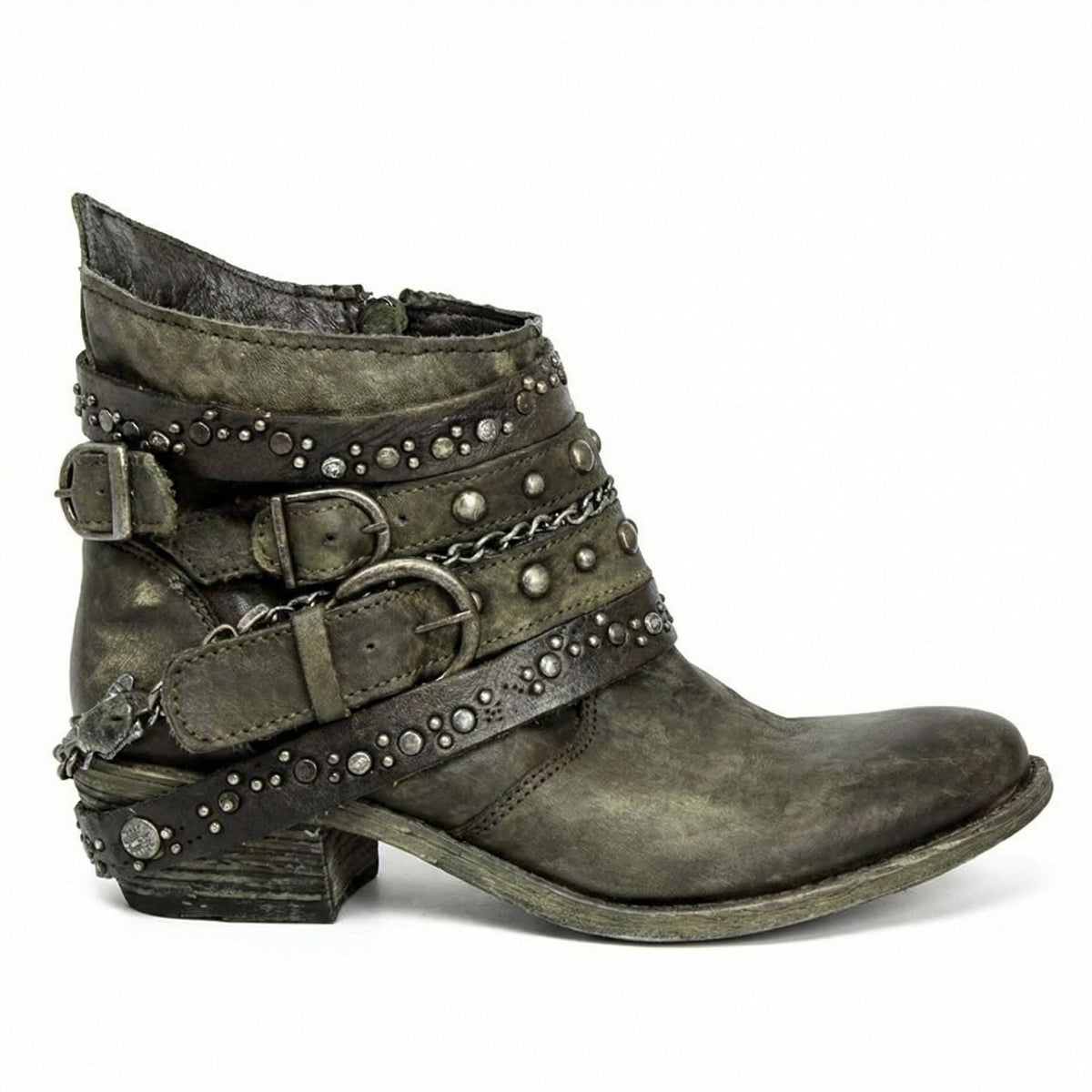 Women's Studded Buckle Ankle Boots in Olive Green