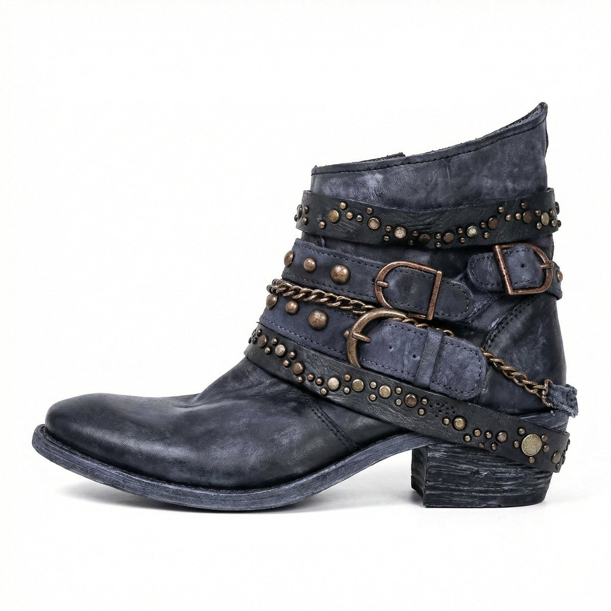 Women's Studded Buckle Ankle Boots in Slate Blue