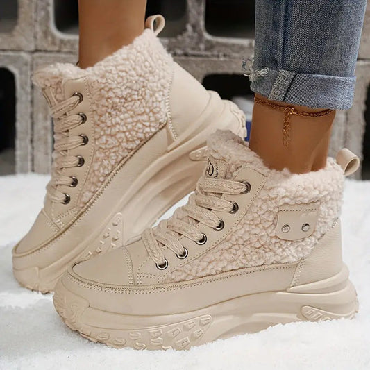 Women's Teddy Panel Platform Winter Boots in Beige