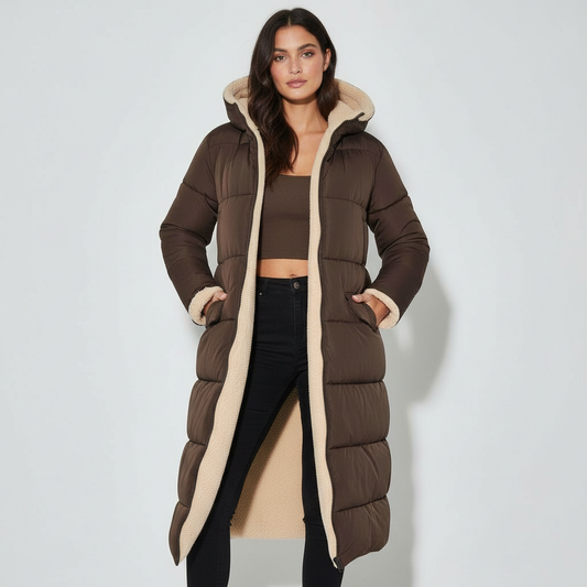 Women's Teddy Trim Maxi Puffer Winter Jacket in Brown