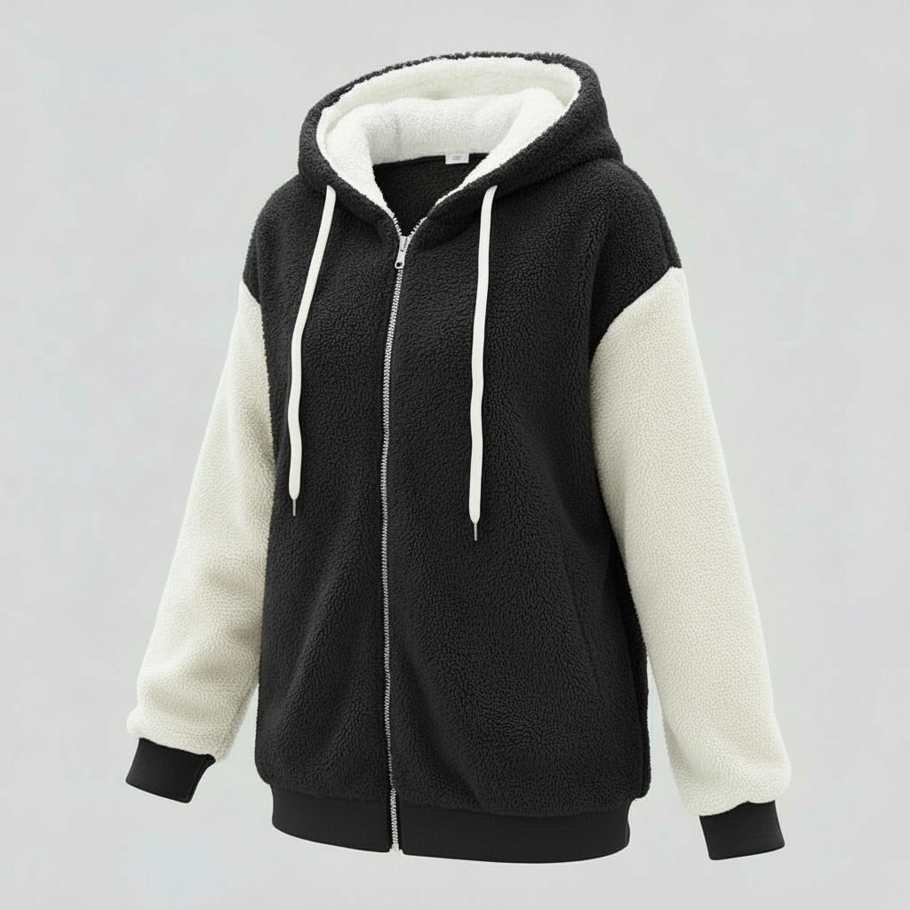 Women's Teddy Zip Up Hoodie in Black & Cream