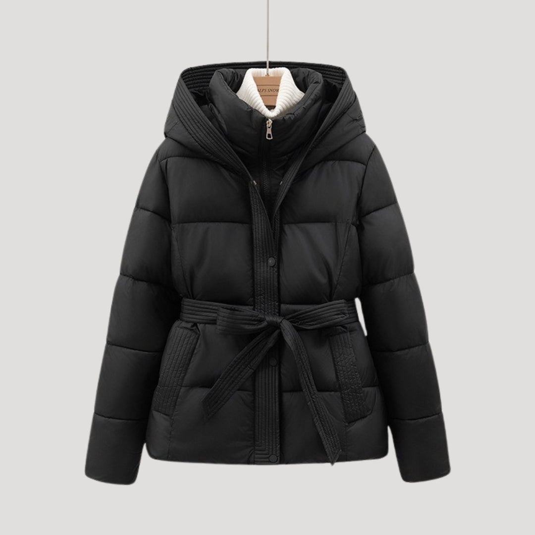 Women's Tie Belt Puffer Winter Jacket in Black