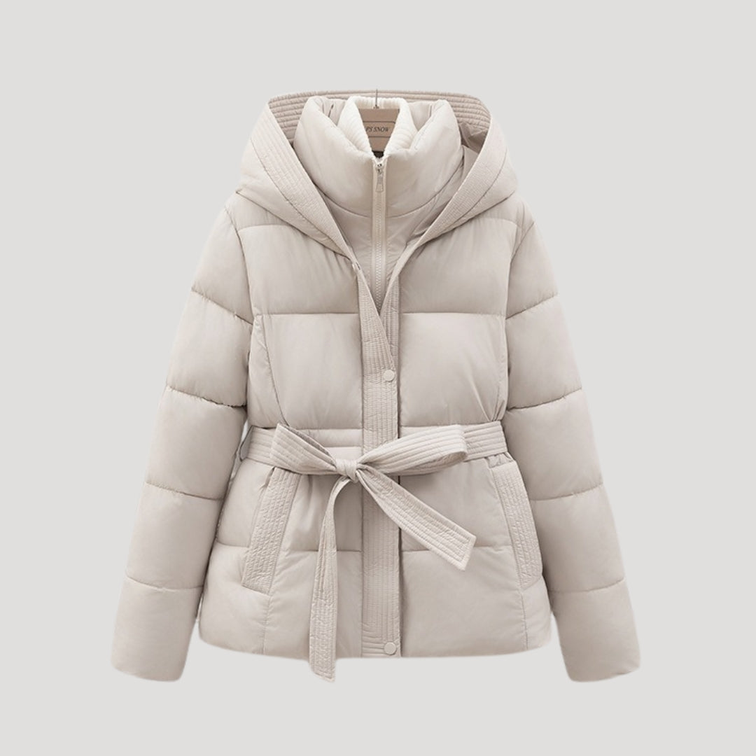 Women's Tie Belt Puffer Winter Jacket in Cream