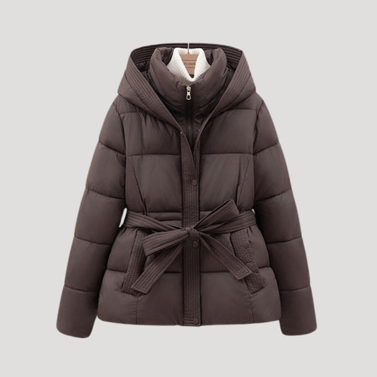Women's Tie Belt Puffer Winter Jacket in Dark Brown