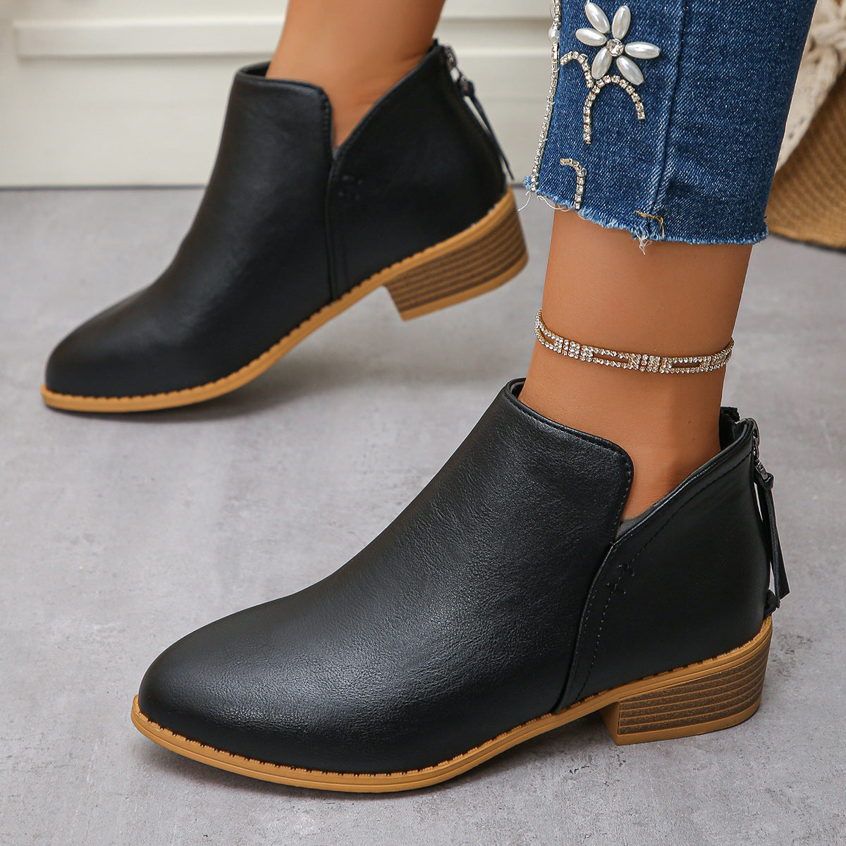 Women's V Cut Faux Leather Ankle Boots