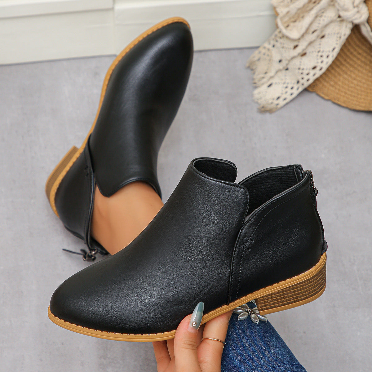 Women's V Cut Faux Leather Ankle Boots in Black