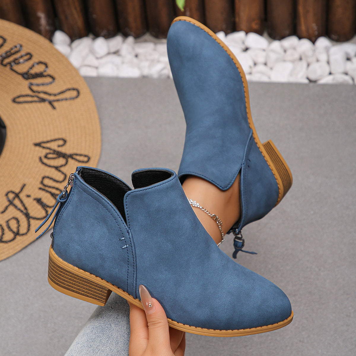 Women's V Cut Faux Leather Ankle Boots in Blue