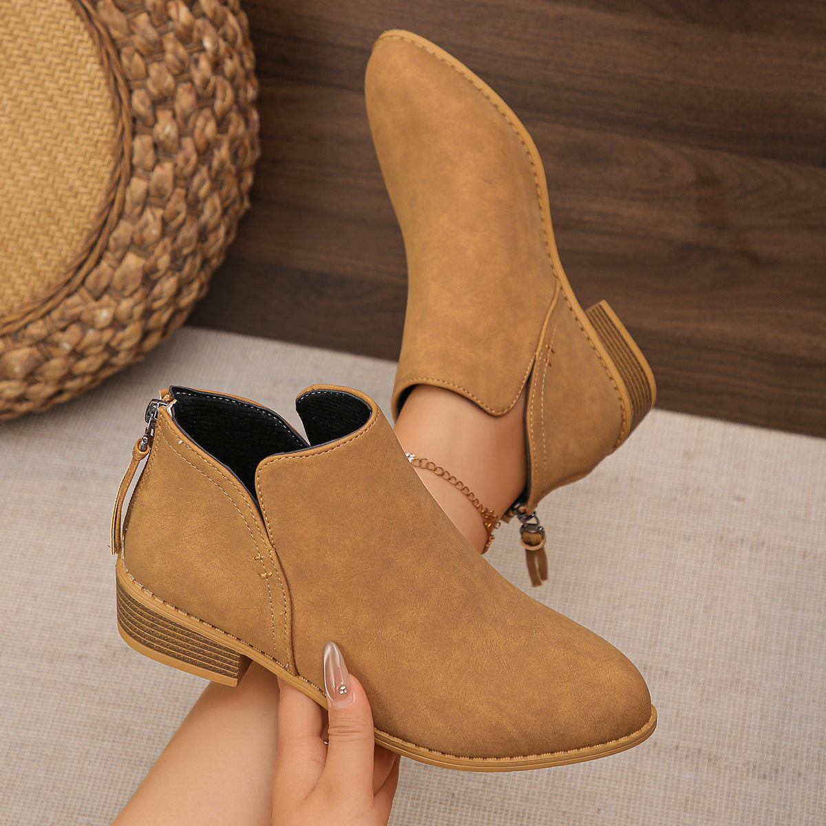 Women's V Cut Faux Leather Ankle Boots in Camel