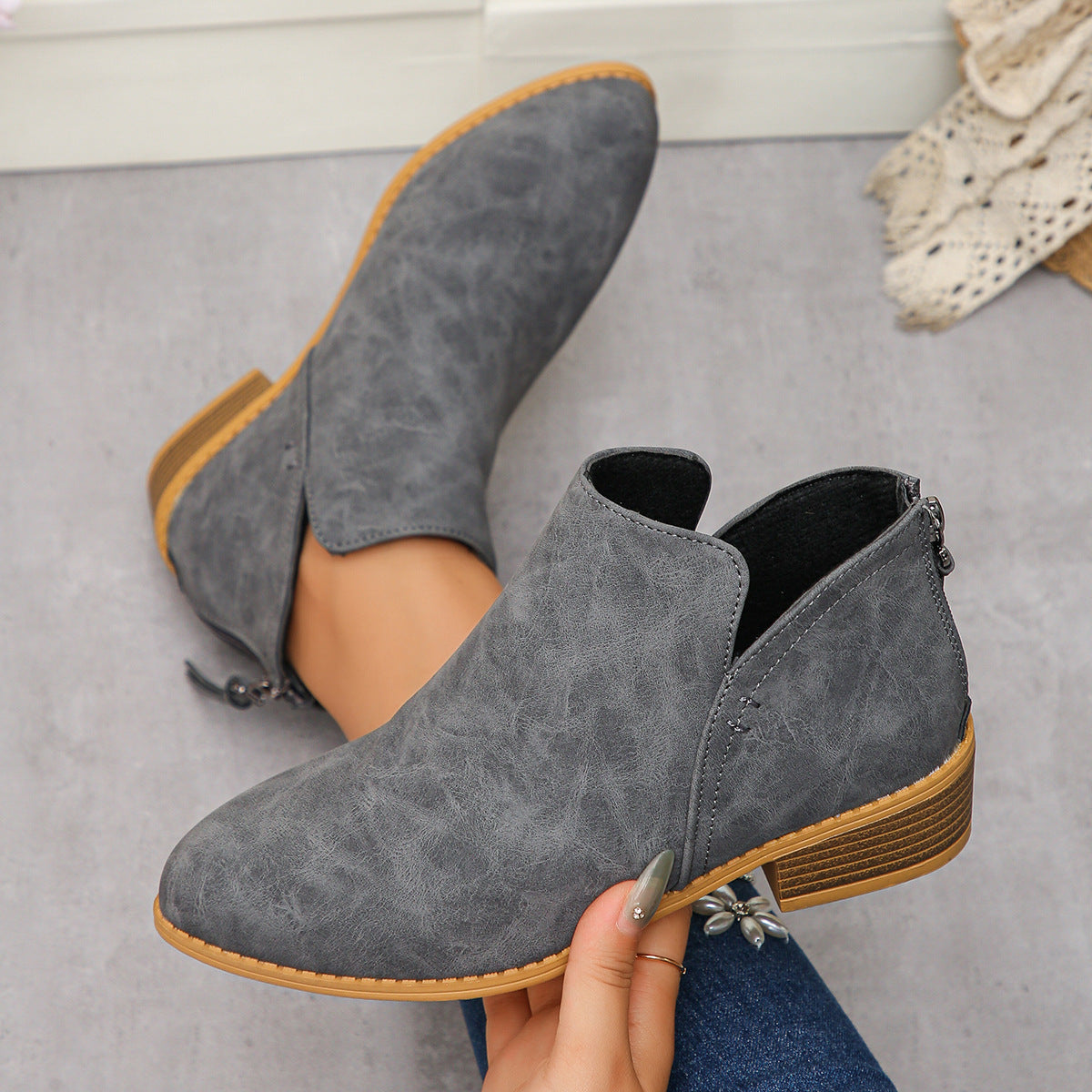 Women's V Cut Faux Leather Ankle Boots in Gray