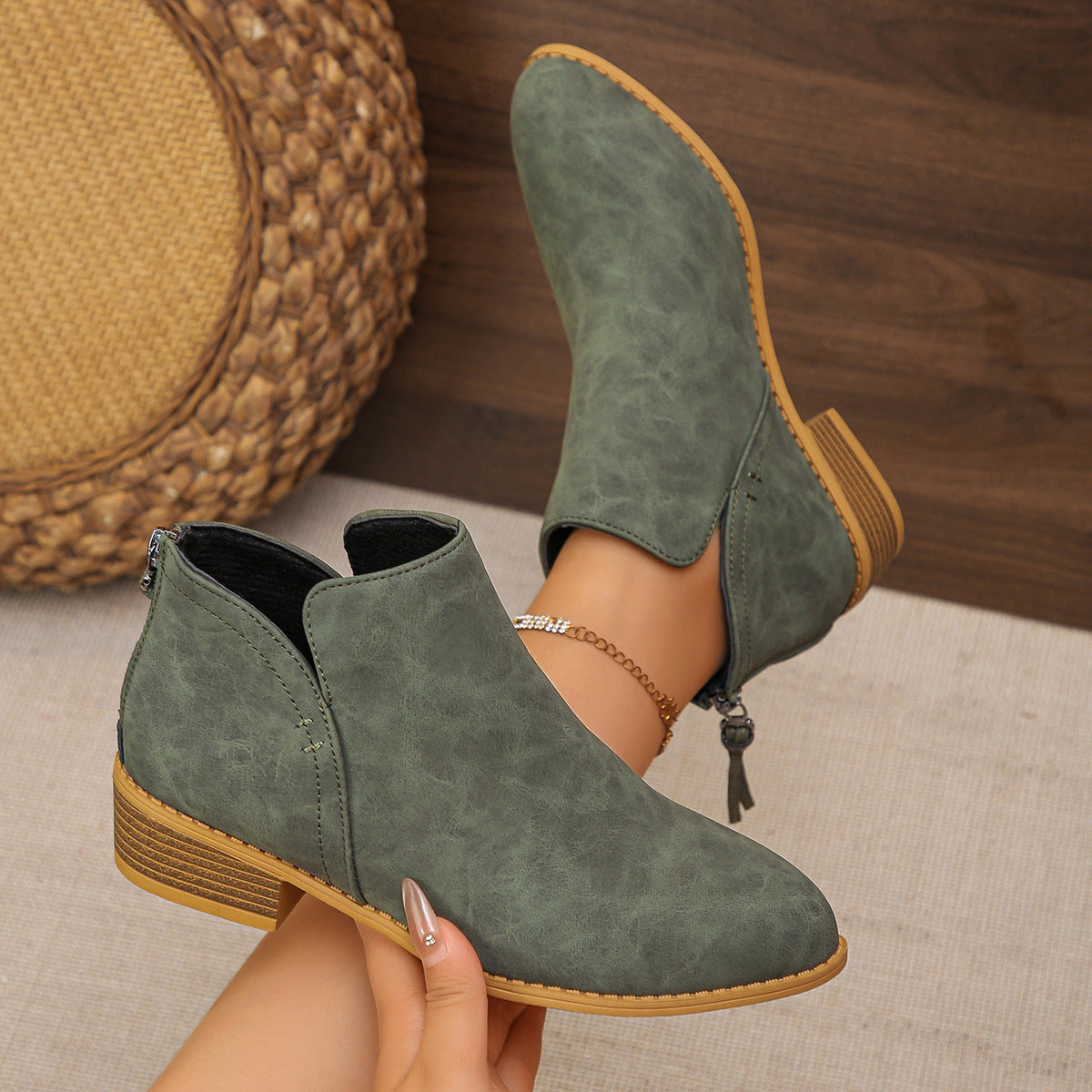 Women's V Cut Faux Leather Ankle Boots in Olive Green