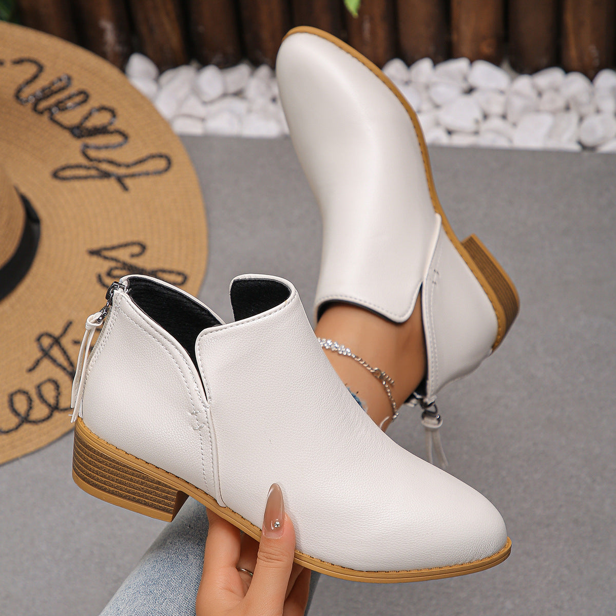 Women's V Cut Faux Leather Ankle Boots in White