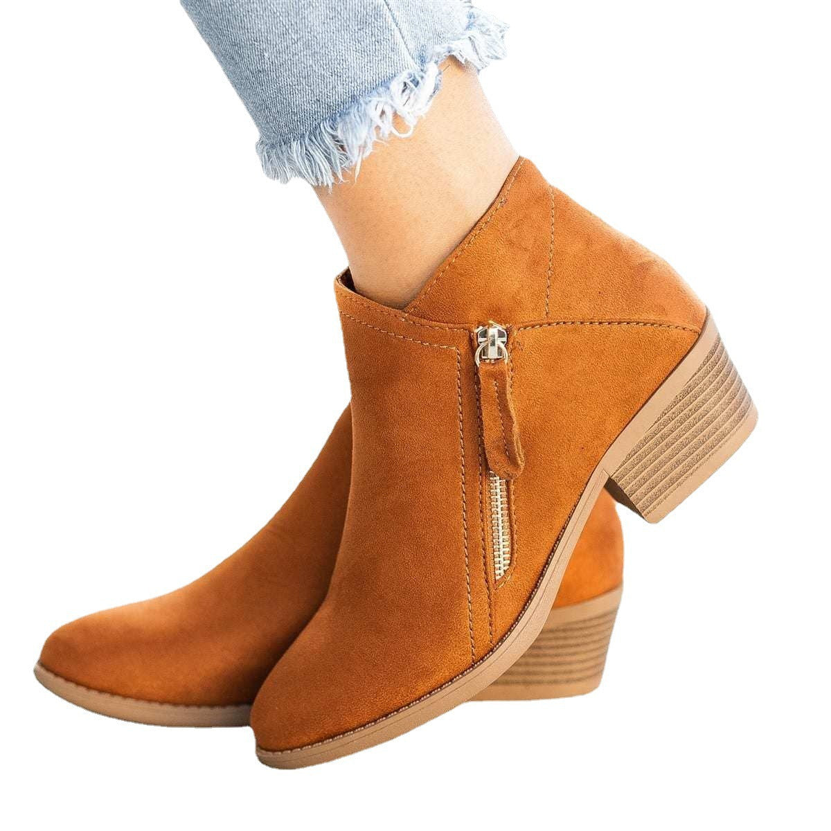 Women's V Cut Faux Suede Ankle Boots in Camel
