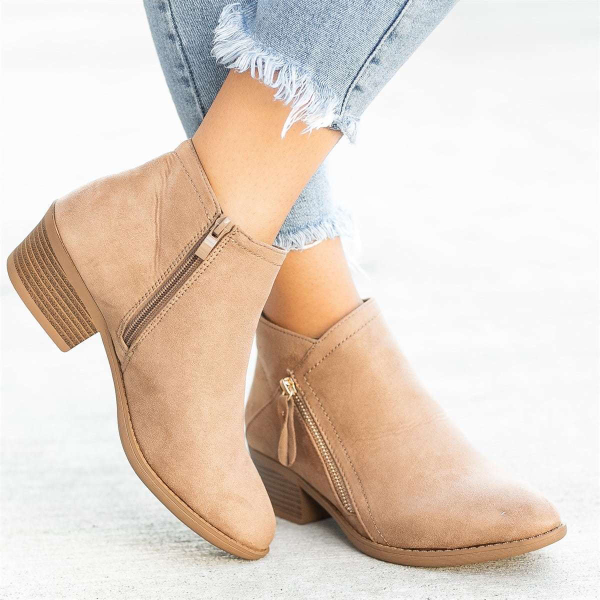 Women's V Cut Faux Suede Ankle Boots in Sand