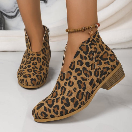 Women's V Cut Low Heel Ankle Boots in Leopard