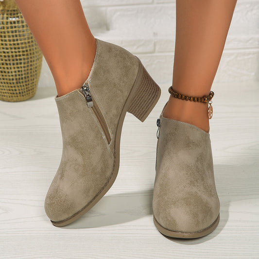 Women's V Cut Stacked Heel Ankle Boots