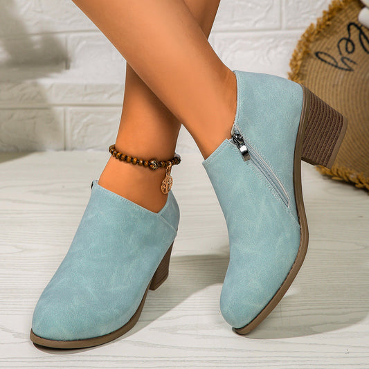 Women's V Cut Stacked Heel Ankle Boots in Light Blue