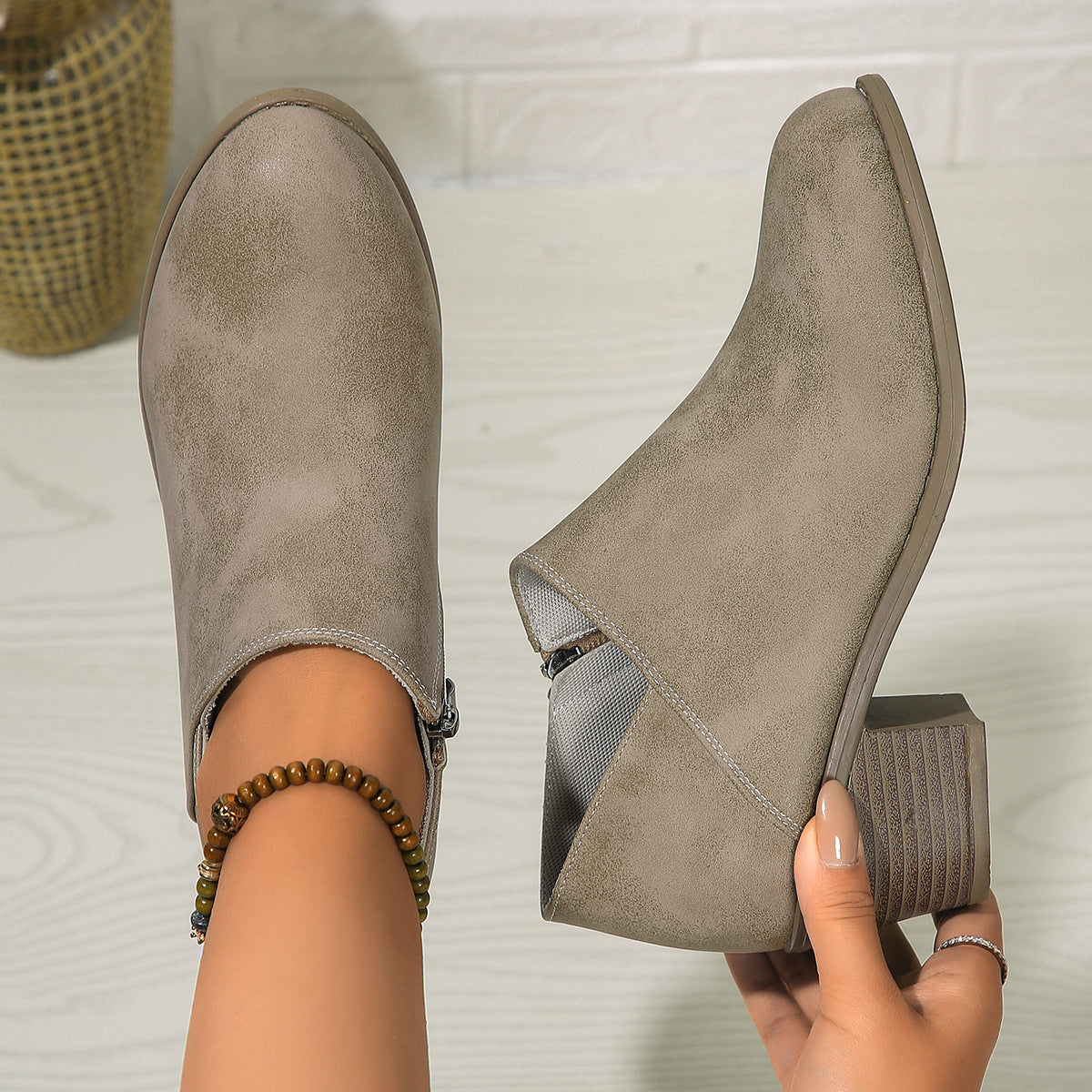 Women's V Cut Stacked Heel Ankle Boots in Taupe