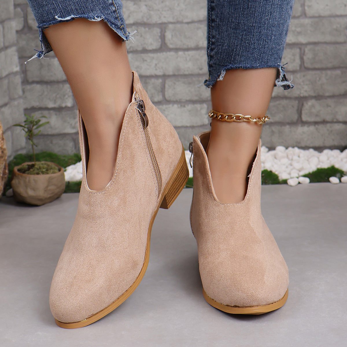 Women's Wooden Heel Ankle Boots in Beige