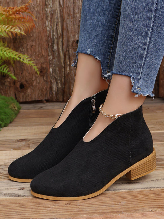 Women's Wooden Heel Ankle Boots in Black