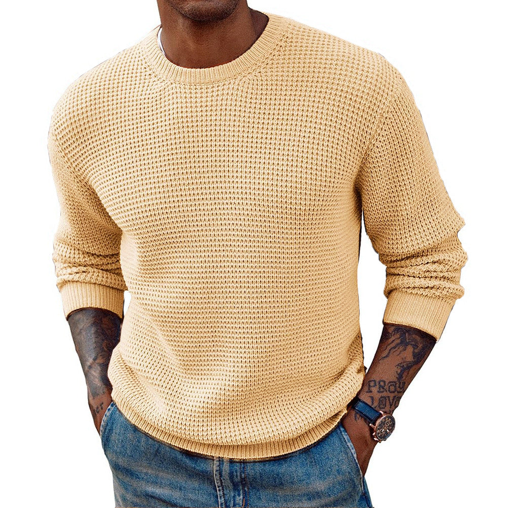 Beige textured knit sweater for men.