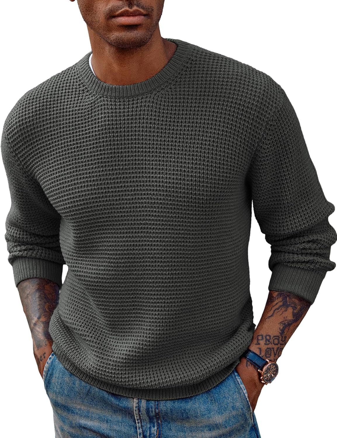 Dark Gray textured knit sweater for men.