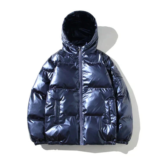 Windproof metallic puffer jacket with a hood